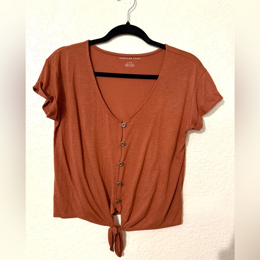 American Eagle Small Women’s Rust Button Down Front Tie, Short Sleeve Top